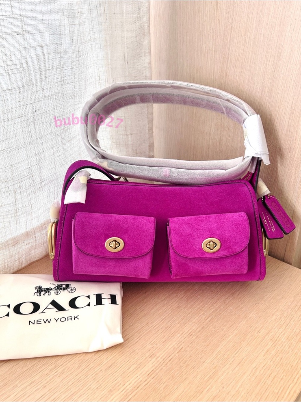 NWT🩷Coach Turnlock Haversack Shoulder Bag 27 Suede Magenta Bright Pink CFQ59